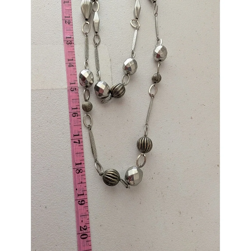 Unsigned Silver Tone Multi-Strand Long Geometric Beaded Layered Necklace 38 In